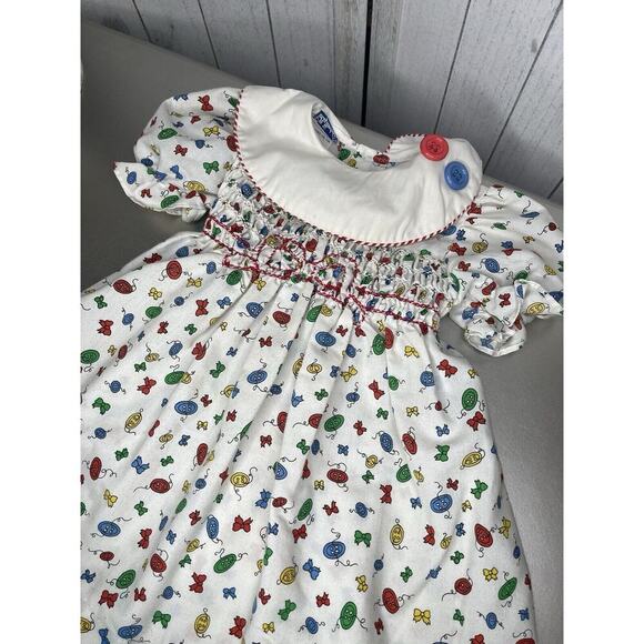 Vintage Polly Flinders Colorful Bow Print Smocked Dress Embroidery Toddler Sz 4 - Picture 1 of 6